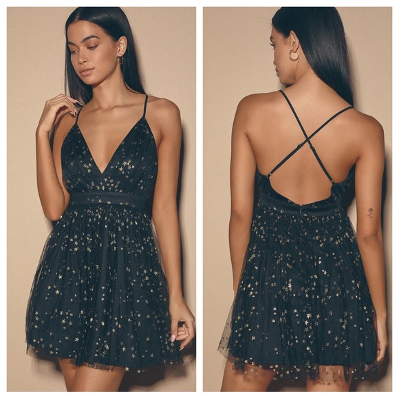 NWOT Lulus Favorite Moment Gold and Black Star Print Skater Dress - Picture 12 of 15